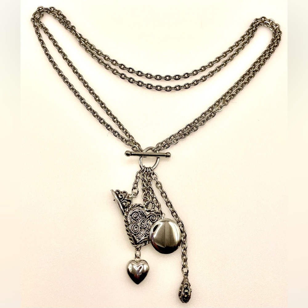 Silver Tone Double Chain Necklace Choker with Dangling Charms and Locket - Picture 7 of 8